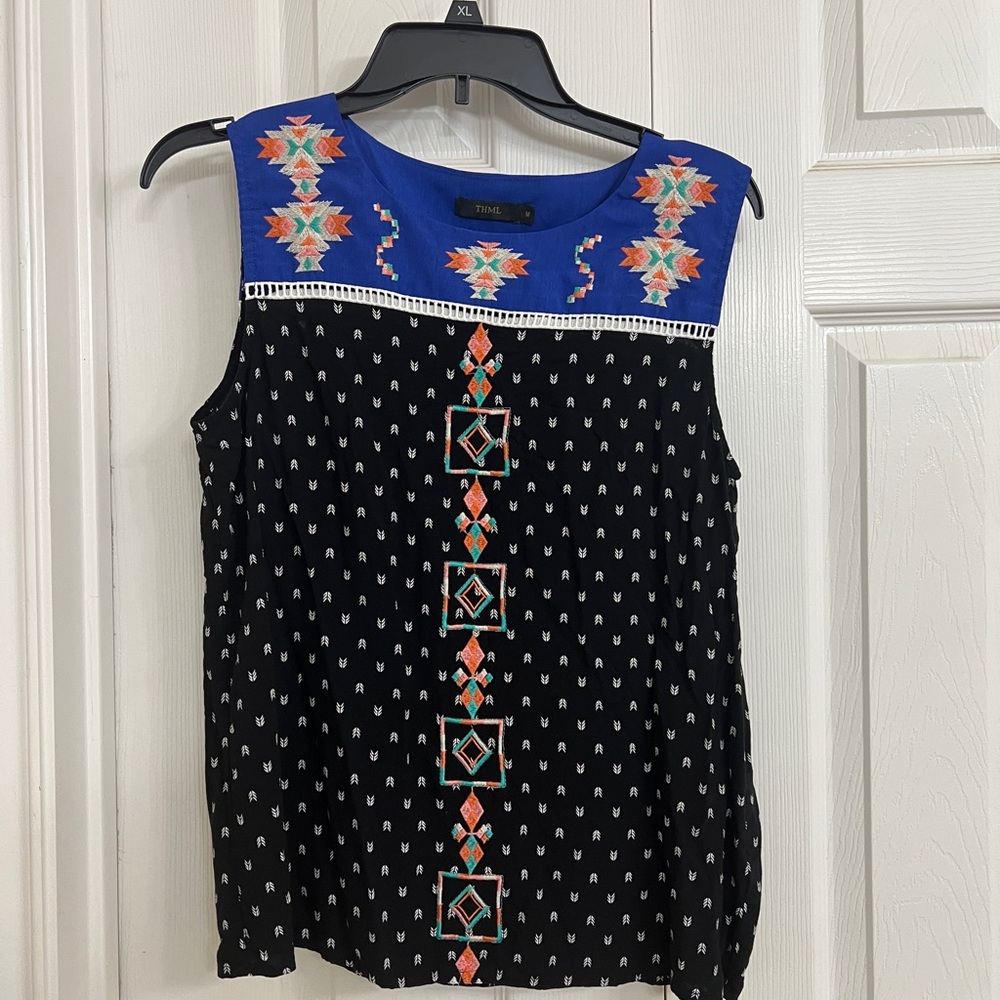 THML Black and Blue Embroidered Top